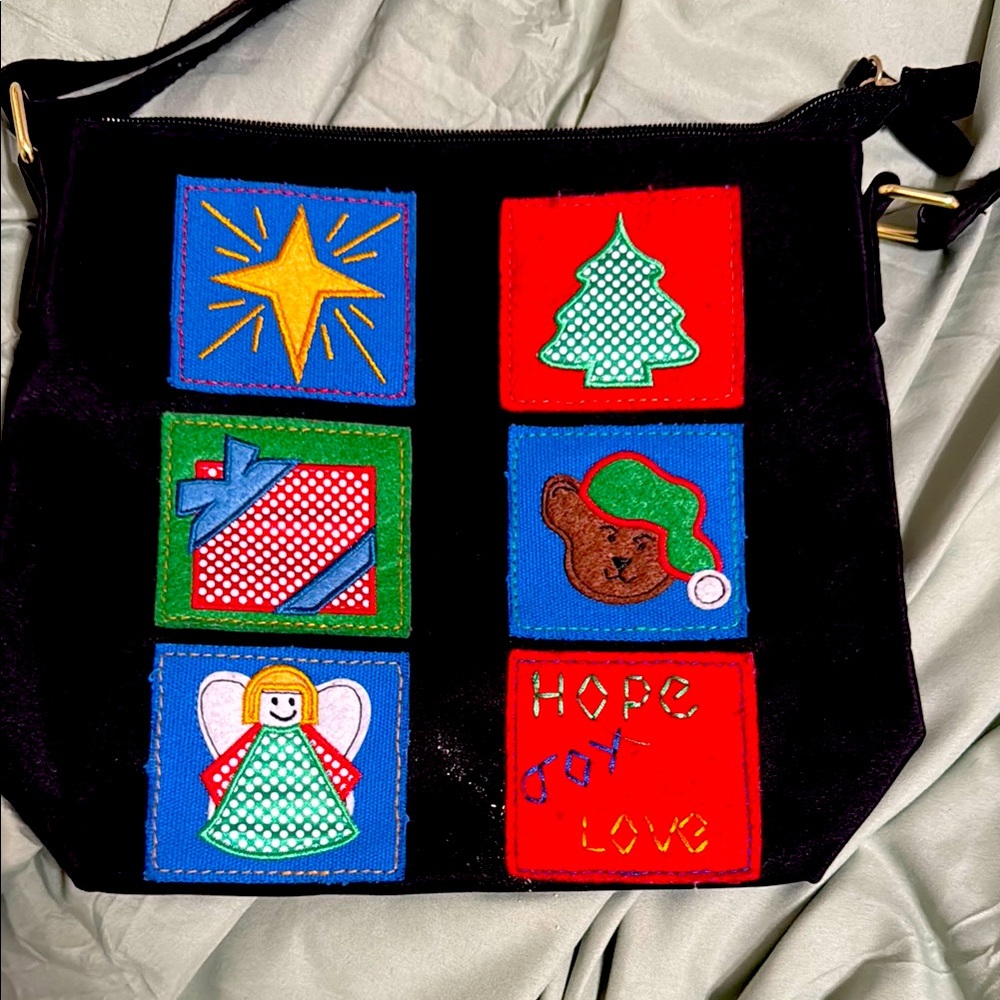 Festive Black Crossbody Bag with Colorful Patches